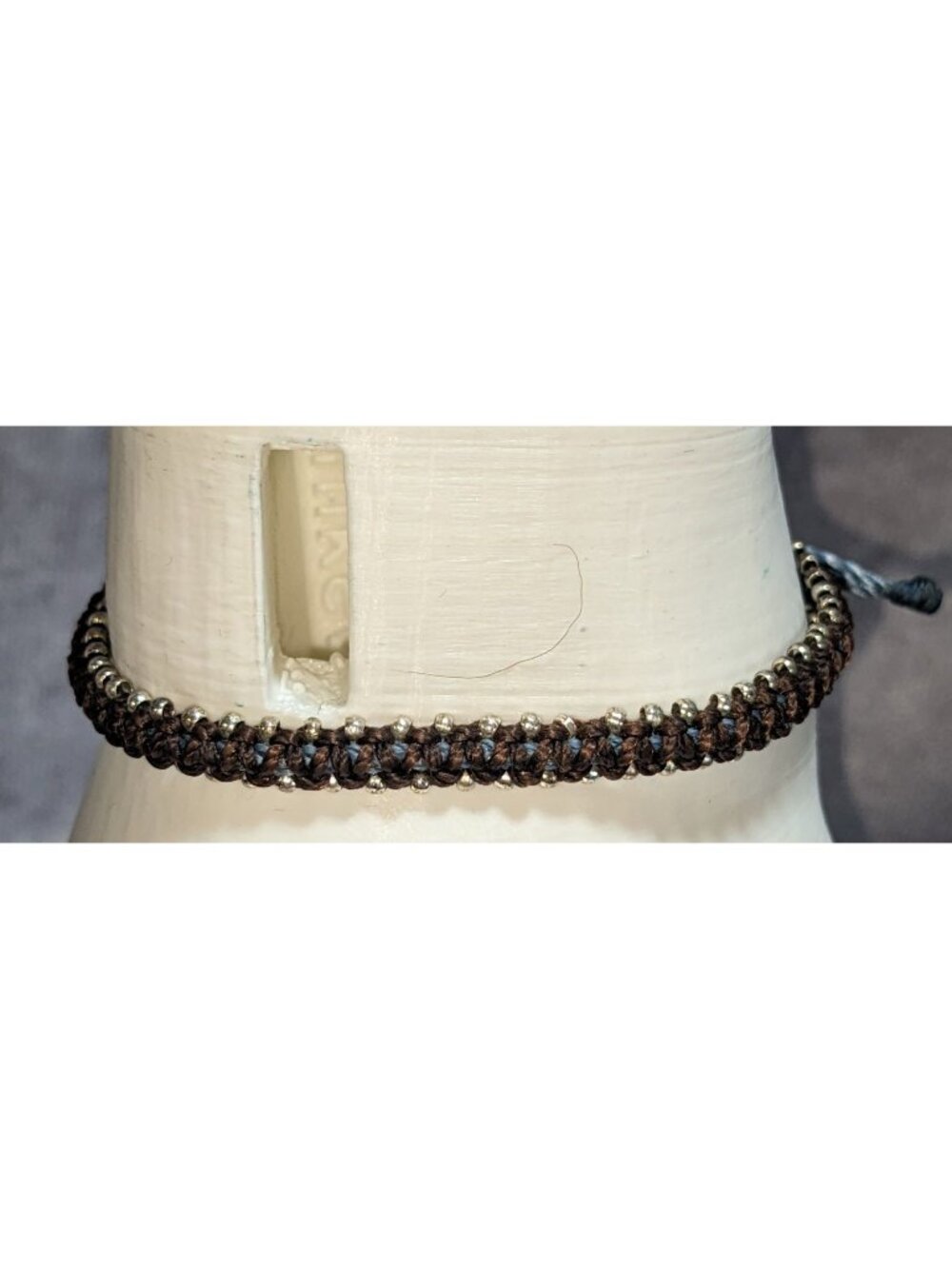 Boho Woven Beaded Bracelet Blue Brown Silver Tone Adjustable Cord Friendship Sty